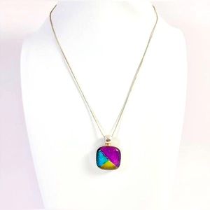 Sterling 925 Silver Box Chain Necklace w/ Dichroitic Multicolor Glass Pendant